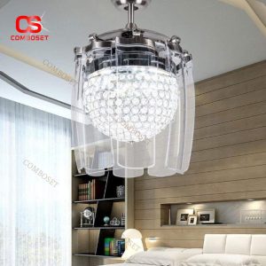 Đèn Quạt Trần Pha Lê Cánh Cụp Nhỏ Gọn Sang Trọng 3 Chế Độ Sáng, Remote Điều Khiển Từ Xa