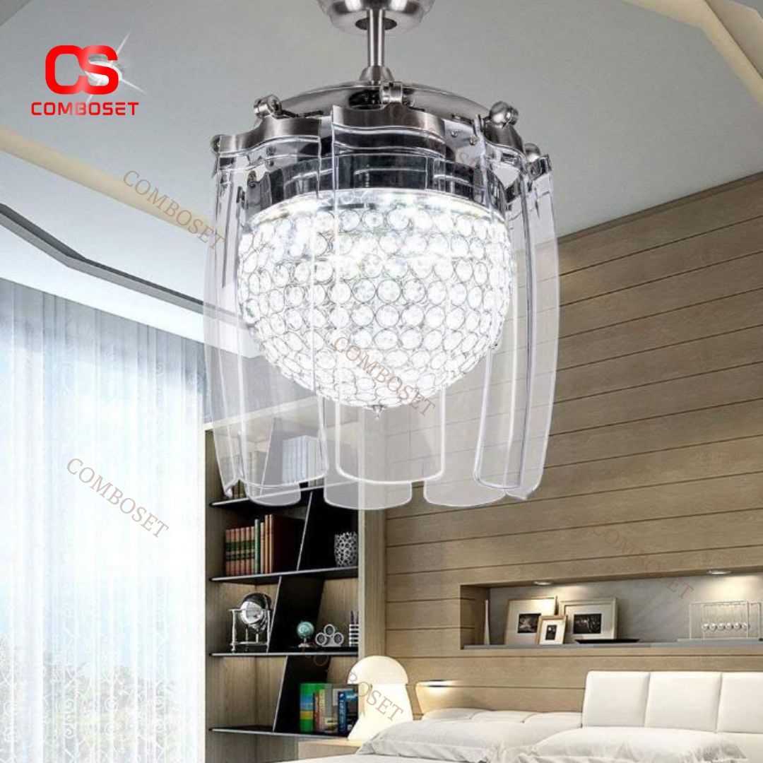 Đèn Quạt Trần Pha Lê Cánh Cụp Nhỏ Gọn Sang Trọng 3 Chế Độ Sáng, Remote Điều Khiển Từ Xa
