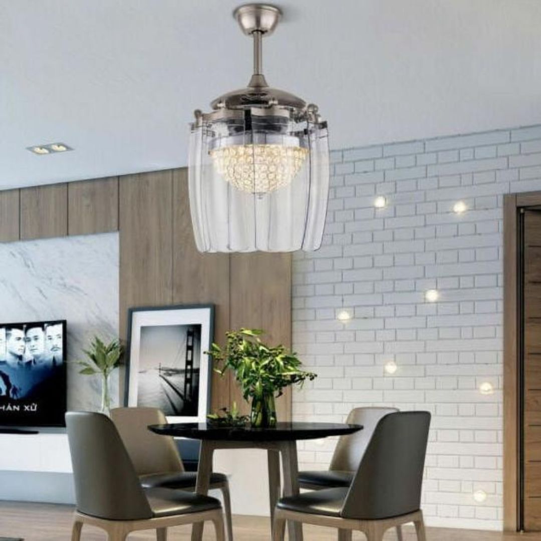 Đèn Quạt Trần Pha Lê Cánh Cụp Nhỏ Gọn Sang Trọng 3 Chế Độ Sáng, Remote Điều Khiển Từ Xa