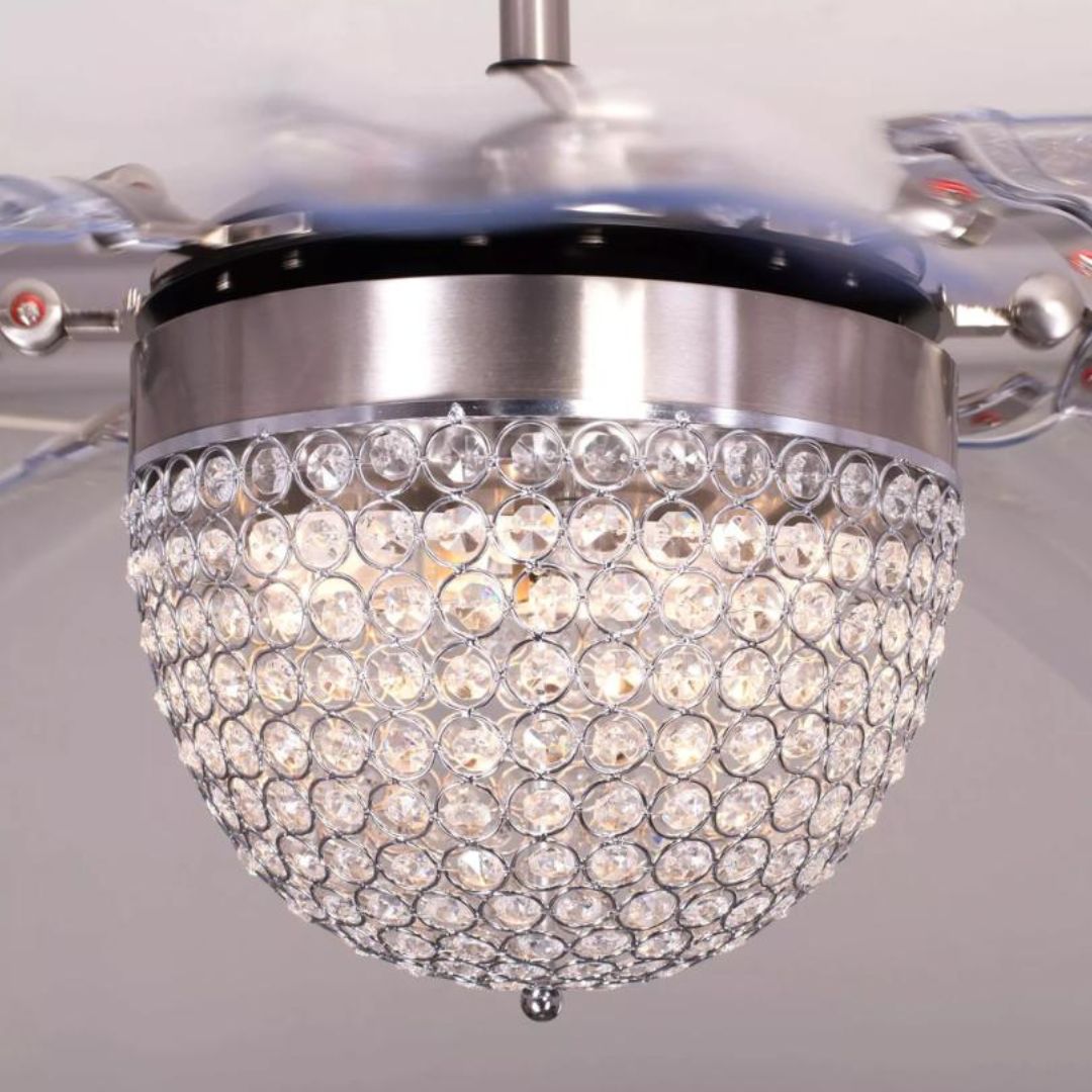 Đèn Quạt Trần Pha Lê Cánh Cụp Nhỏ Gọn Sang Trọng 3 Chế Độ Sáng, Remote Điều Khiển Từ Xa