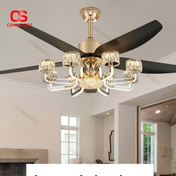 Đèn Quạt Trần Pha Lê Cao Cấp Thiết Kế Lộng Lẫy 5 Cánh Màu Đen Sang Trọng