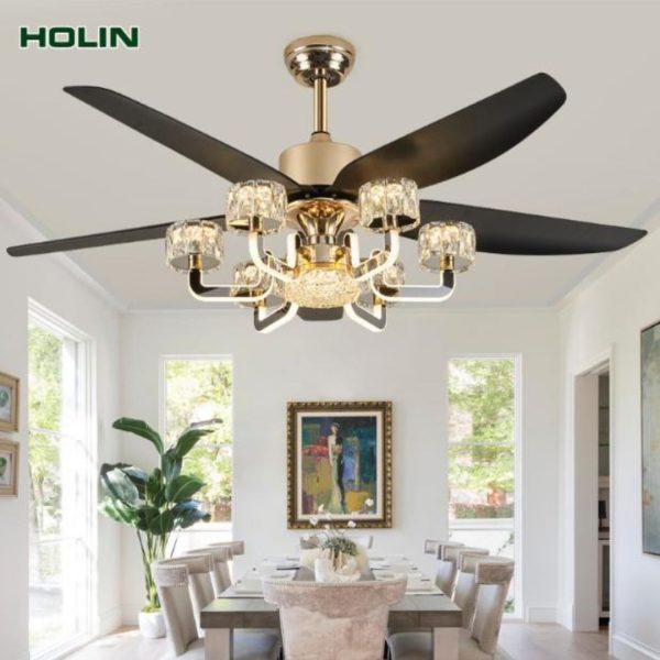 Đèn Quạt Trần Pha Lê Cao Cấp Thiết Kế Lộng Lẫy 5 Cánh Màu Đen Sang Trọng