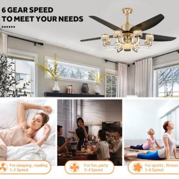 Đèn Quạt Trần Pha Lê Cao Cấp Thiết Kế Lộng Lẫy 5 Cánh Màu Đen Sang Trọng