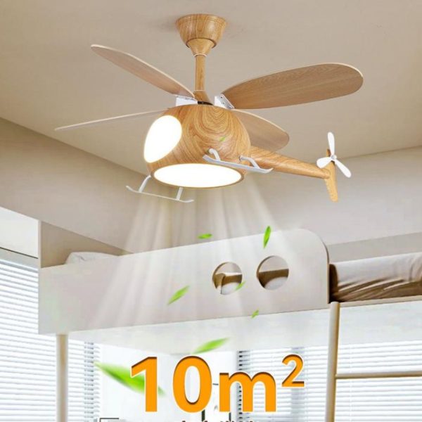 Đèn Quạt Trần Trực Thăng Gỗ Ngộ Nghĩnh Đáng Yêu 3 Chế Độ Sáng Quang Phổ Trang Trí Phòng Bé Trai