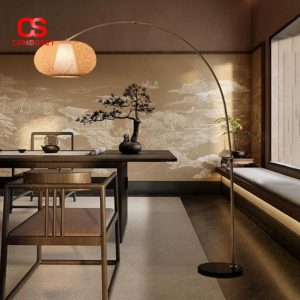 Đèn Sàn Cần Câu Chụp Tre Đan Thủ Công Phong Cách Mộc Mạc Thiên Nhiên Chiếu Sáng Phòng Trà, Thiền