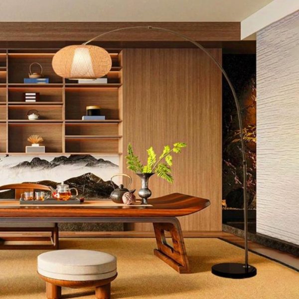 Đèn Sàn Cần Câu Chụp Tre Đan Thủ Công Phong Cách Mộc Mạc Thiên Nhiên Chiếu Sáng Phòng Trà, Thiền