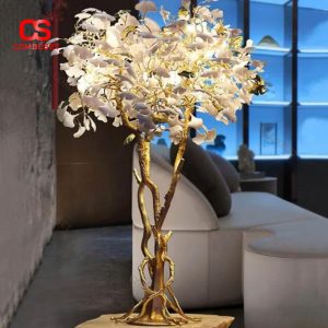 Đèn Sàn Cây Lá Bạch Quả Bằng Gốm Trắng Decor Biệt Thự, Khách Sạn Cao Cấp
