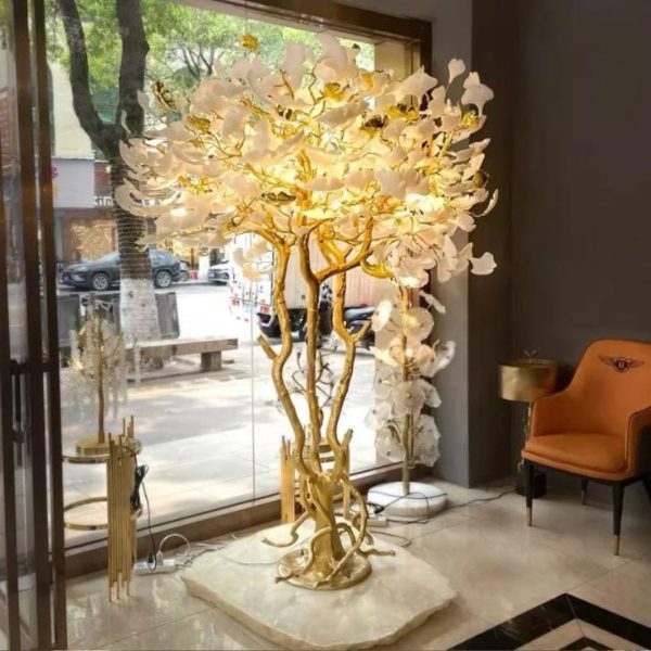 Đèn Sàn Cây Lá Bạch Quả Bằng Gốm Trắng Decor Biệt Thự, Khách Sạn Cao Cấp