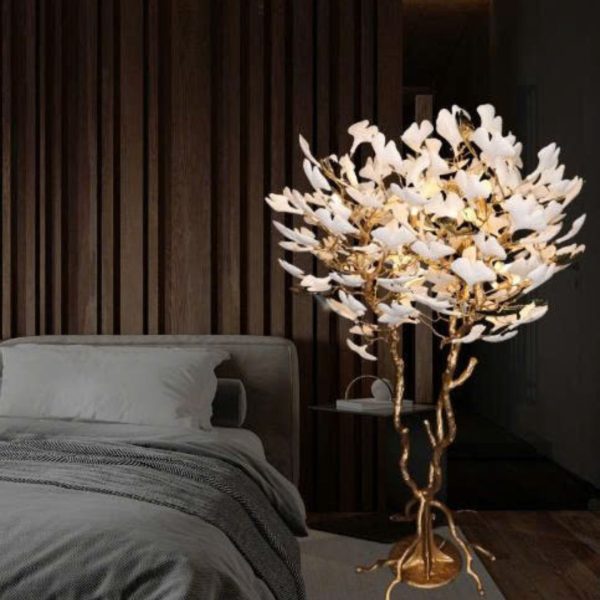 Đèn Sàn Cây Lá Bạch Quả Bằng Gốm Trắng Decor Biệt Thự, Khách Sạn Cao Cấp