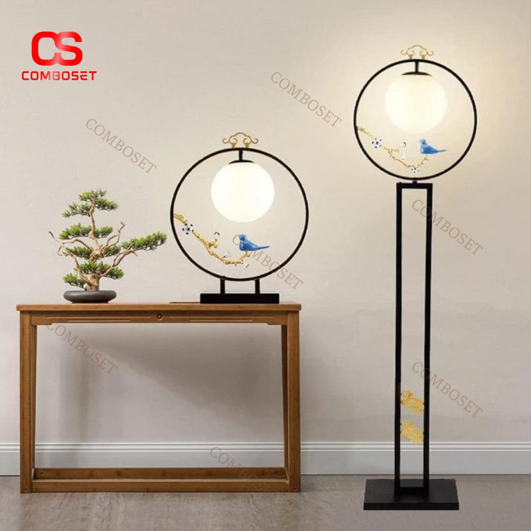 Đèn Sàn Hình Mặt Trăng Và Chim Đậu Trên Cành Phong Cách Á Đông Cổ Điển Trung Hoa Thiền Tịnh