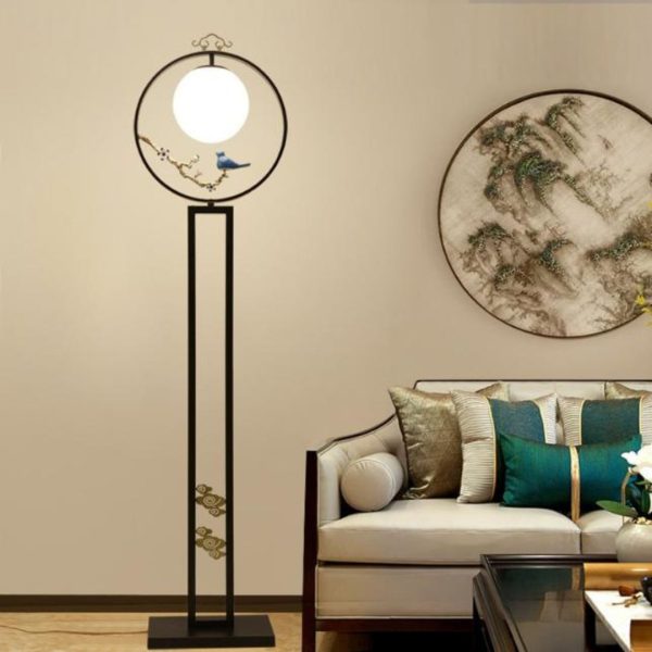 Đèn Sàn Hình Mặt Trăng Và Chim Đậu Trên Cành Phong Cách Á Đông Cổ Điển Trung Hoa Thiền Tịnh