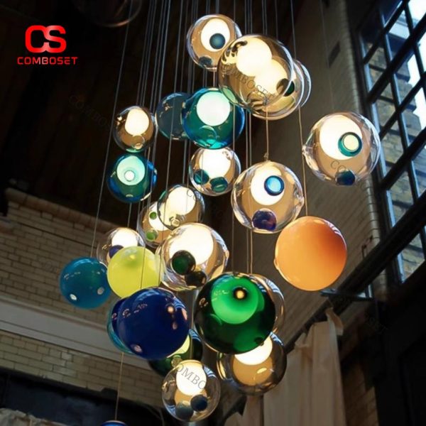 Đèn Thả Bong Bóng Thuỷ Tinh Nhiều Màu Cho Phòng Khách, Nhà Hàng, Gác Xếp Trần Cao