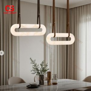 Đèn Thả Cẩm Thạch Hình Oval Cao Cấp Treo Dây Da Tinh Xảo Decor Nội Thất Sang Trọng Quý Phái