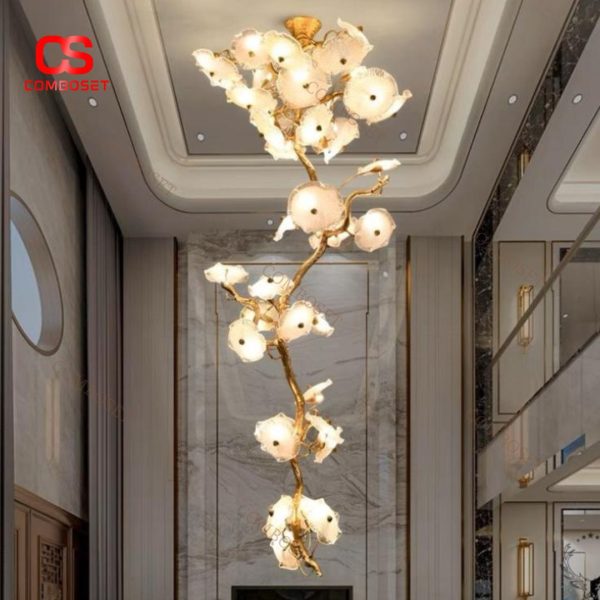 Đèn Thả Hoa Thủy Tinh Sang Trọng Cành Đồng Mạ Vàng Cao Cấp Biệt Thự Cho Không Gian Trần Cao