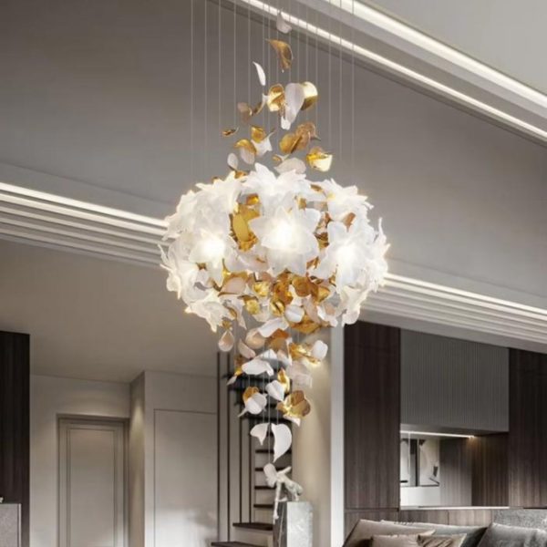 Đèn Thả Thông Trần Hoa Lá Màu Vàng Sang Trọng Decor Phòng Khách, Nhà Hàng, Biệt Thự Nguy Nga