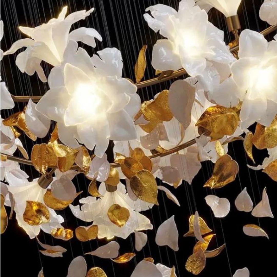 Đèn Thả Thông Trần Hoa Lá Màu Vàng Sang Trọng Decor Phòng Khách, Nhà Hàng, Biệt Thự Nguy Nga