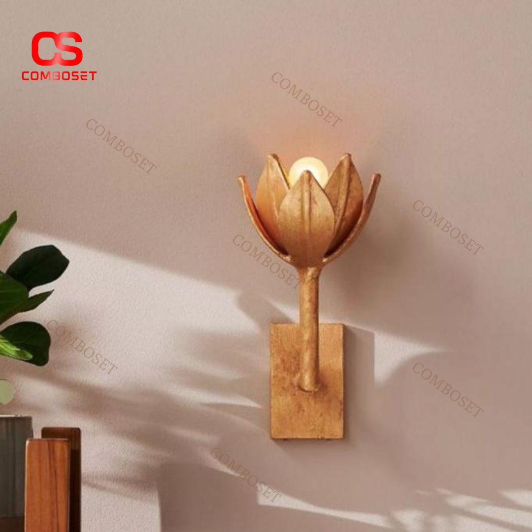 Đèn Tường Hoa Sen Sắt Mạ Vàng Sang Trọng Decor Biệt Thự, Phòng Ngủ Ấm Cúng Lãng Mạn