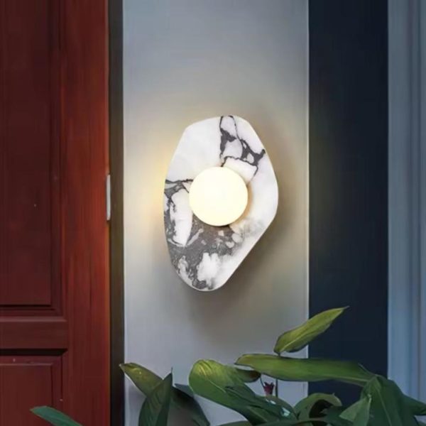 Đèn Tường Khối Đá Cẩm Thạch Cao Cấp, Chao Tròn Thuỷ Tinh Phong Cách Tối Giản Chiếu Sáng Lối Đi