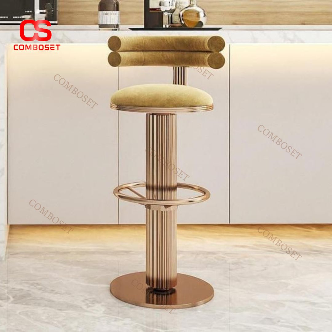 Ghế Quầy Bar Mạ Vàng Hồng Đệm Nhung Tựa Lưng Tròn Lạ Mắt Decor Không Gian Sống Thời Thượng