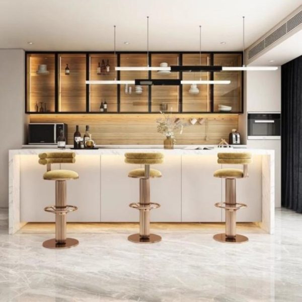 Ghế Quầy Bar Mạ Vàng Hồng Đệm Nhung Tựa Lưng Tròn Lạ Mắt Decor Không Gian Sống Thời Thượng