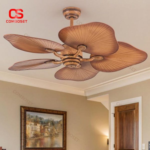 Quạt Trần 5 Cánh Lá Cọ Thiết Kế Mộc Mạc, Thiên Nhiên Trang Trí Ban Công, Biệt Thự 6 Cấp Độ Gió