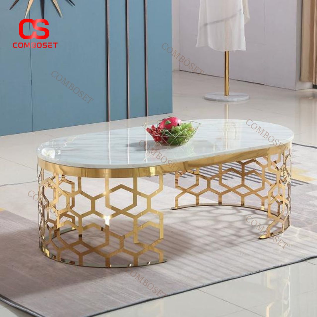Bàn Cafe Hình Bầu Dục Mặt Đá Marble, Chân Thép Cắt CNC Nghệ Thuật, Decor Phòng Khách, Văn Phòng