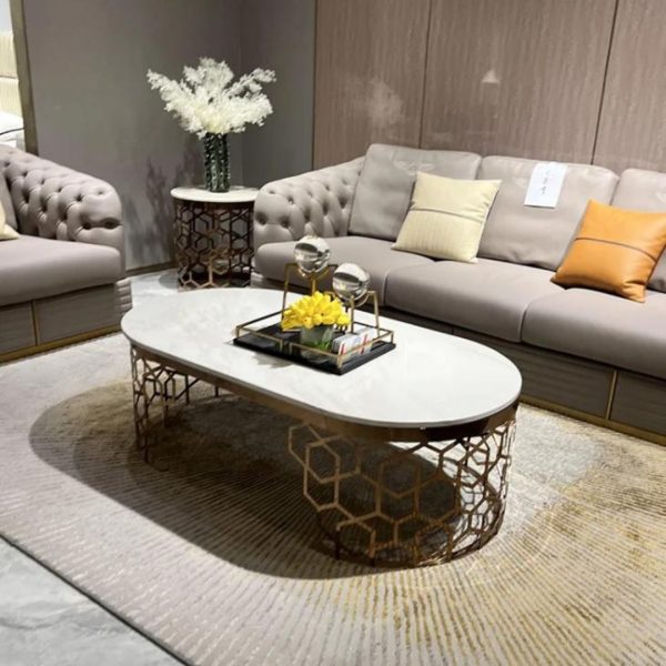 Bàn Cafe Hình Bầu Dục Mặt Đá Marble, Chân Thép Cắt CNC Nghệ Thuật, Decor Phòng Khách, Văn Phòng