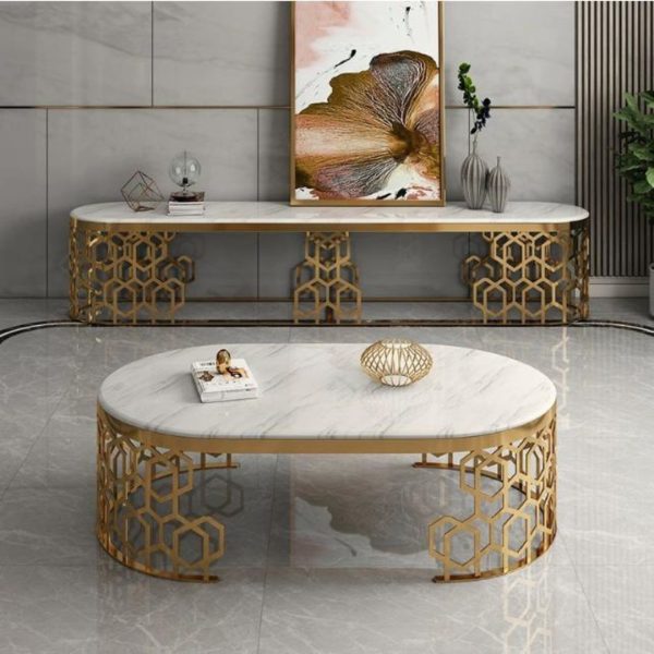 Bàn Cafe Hình Bầu Dục Mặt Đá Marble, Chân Thép Cắt CNC Nghệ Thuật, Decor Phòng Khách, Văn Phòng