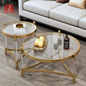 Bàn Cafe Khung Thép Mạ Vàng, Mặt Kính Cường Lực Thời Trang Sang Trọng Cho Phòng Khách, Showroom