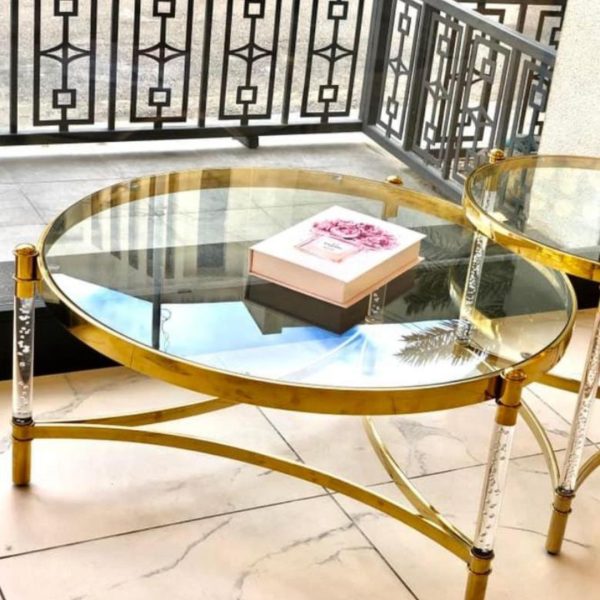 Bàn Cafe Khung Thép Mạ Vàng, Mặt Kính Cường Lực Thời Trang Sang Trọng Cho Phòng Khách, Showroom