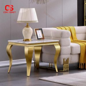 Bàn Phụ Phòng Khách Mặt Đá Marble, Chân Thép Mạ Vàng Decor Góc Ghế Sofa, Khách Sạn Sang Trọng