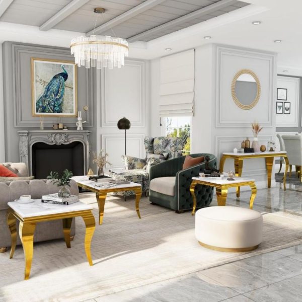 Bàn Phụ Phòng Khách Mặt Đá Marble, Chân Thép Mạ Vàng Decor Góc Ghế Sofa, Khách Sạn Sang Trọng