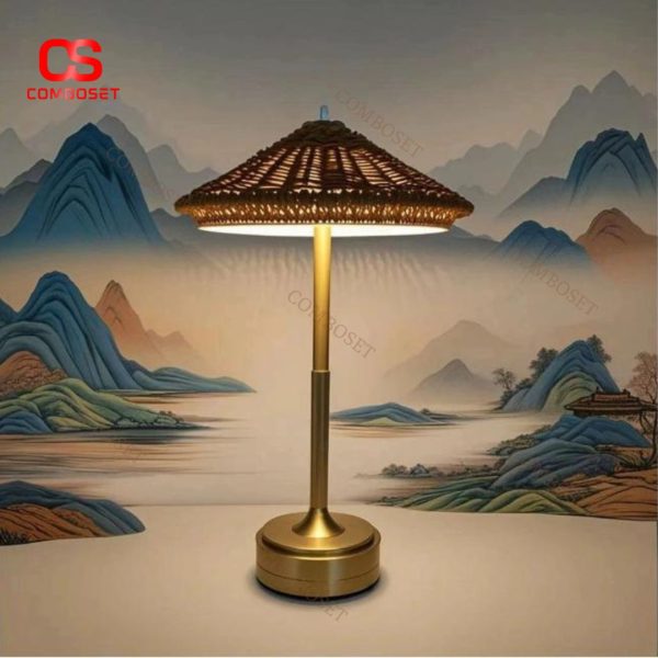 Đèn Bàn Chụp Nón Mây Đan Mộc Mạc Nội Thất Xanh, Cổng Sạc Type C, Công Tắc Cảm Ứng Decor Quán Cafe