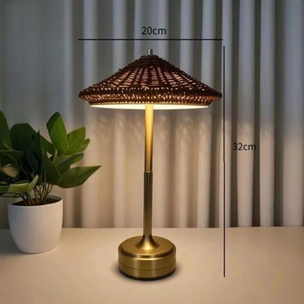 Đèn Bàn Chụp Nón Mây Đan Mộc Mạc Nội Thất Xanh, Cổng Sạc Type C, Công Tắc Cảm Ứng Decor Quán Cafe