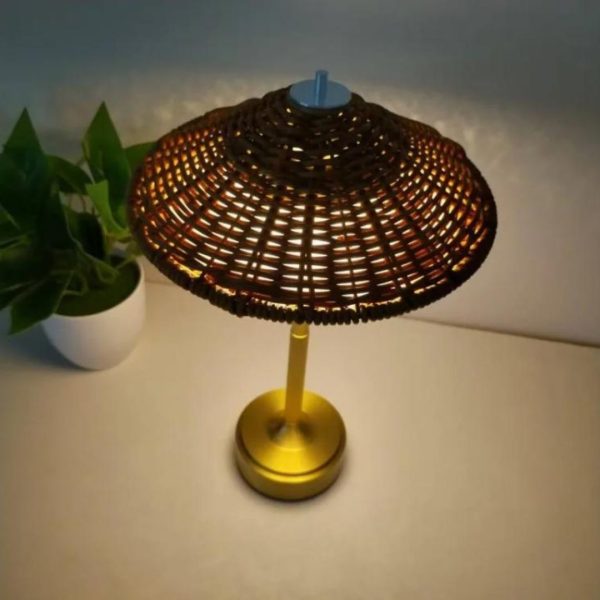 Đèn Bàn Chụp Nón Mây Đan Mộc Mạc Nội Thất Xanh, Cổng Sạc Type C, Công Tắc Cảm Ứng Decor Quán Cafe