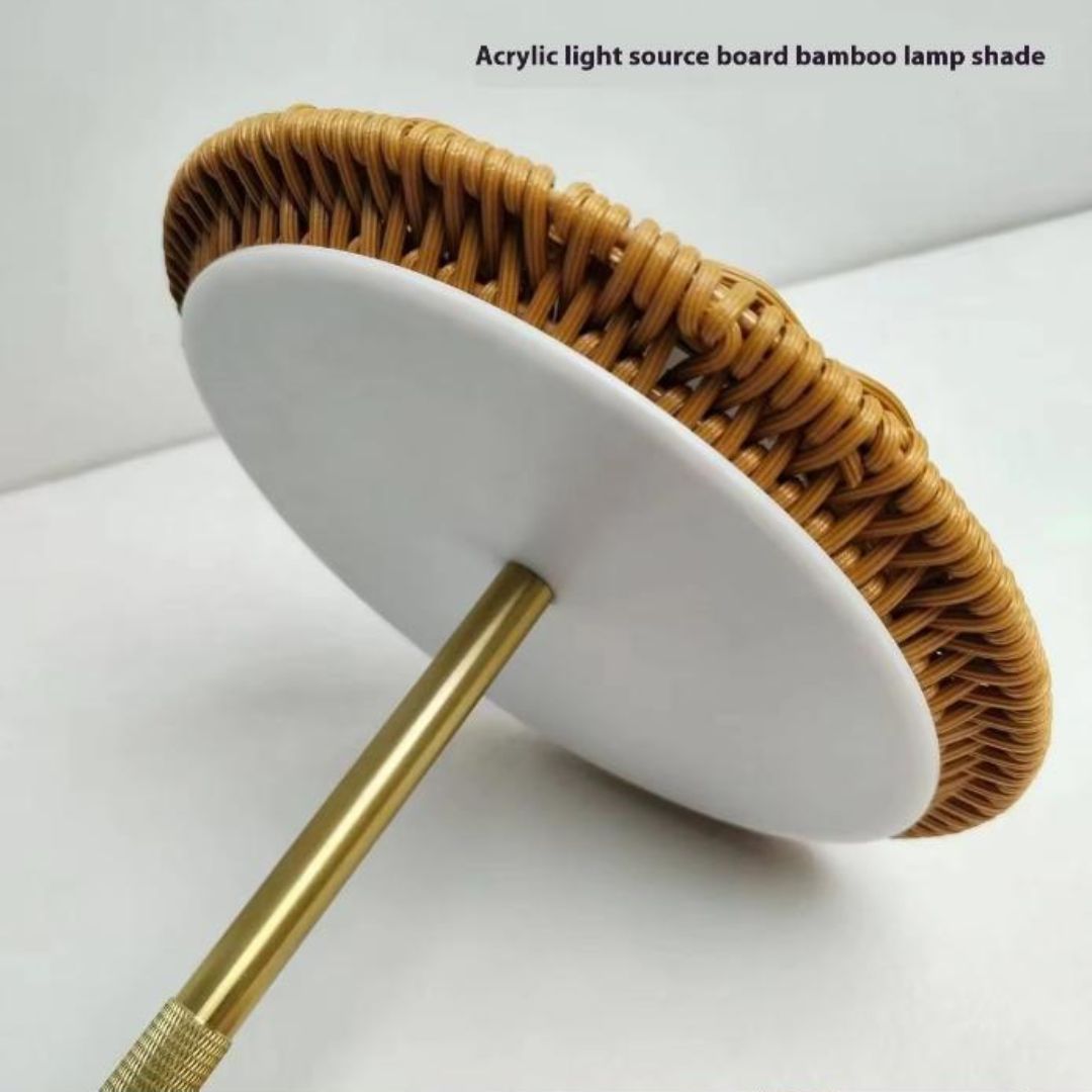 Đèn Bàn Chụp Nón Mây Đan Mộc Mạc Nội Thất Xanh, Cổng Sạc Type C, Công Tắc Cảm Ứng Decor Quán Cafe