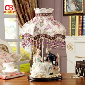 Đèn Bàn Gốm Công Chúa Hoàng Tử Phong Cách Hoàng Gia, Chụp Vải Quý Tộc Châu Âu