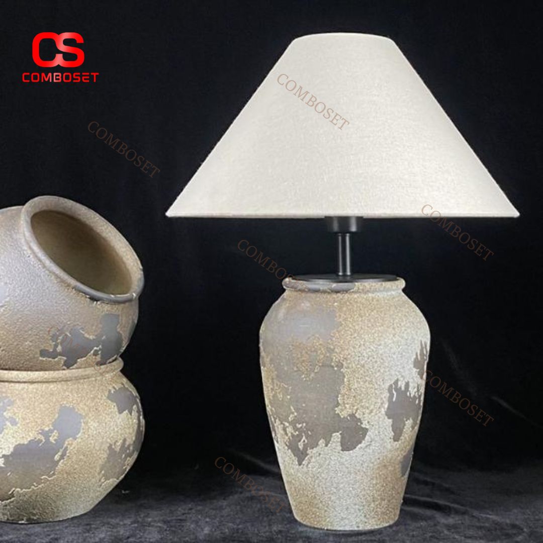 Đèn Bàn Gốm Handmade Hoạ Tiết Vân Nứt Giả Cổ Mới Lạ Chụp Vải Thô Mộc Truyền Thống