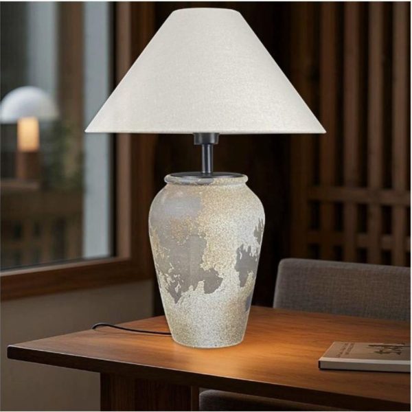 Đèn Bàn Gốm Handmade Hoạ Tiết Vân Nứt Giả Cổ Mới Lạ Chụp Vải Thô Mộc Truyền Thống