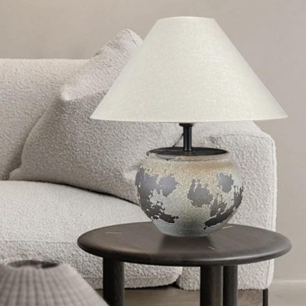 Đèn Bàn Gốm Handmade Hoạ Tiết Vân Nứt Giả Cổ Mới Lạ Chụp Vải Thô Mộc Truyền Thống