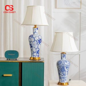 Đèn Bàn Gốm Hoa Men Xanh Cổ Điển Trang Trí Biệt Thự Homestay Văn Hoá Á Đông