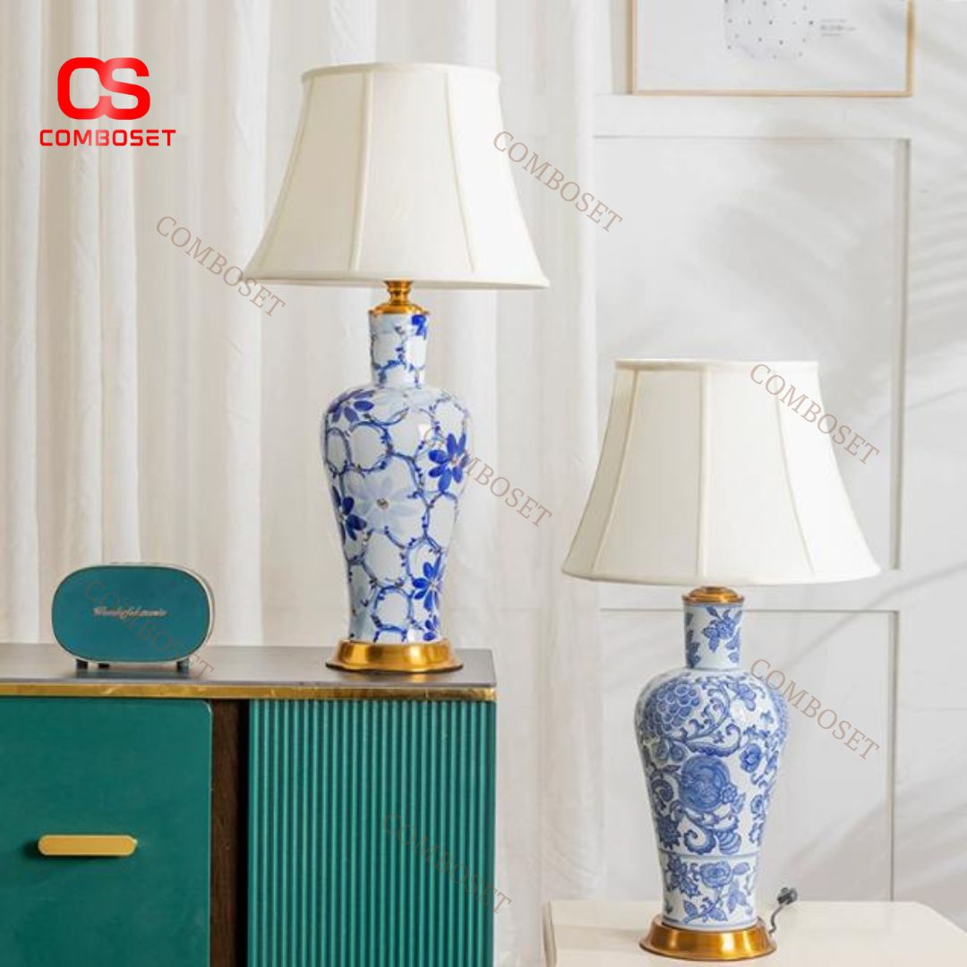 Đèn Bàn Gốm Hoa Men Xanh Cổ Điển Trang Trí Biệt Thự Homestay Văn Hoá Á Đông