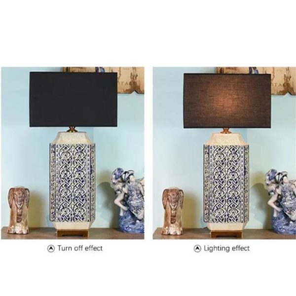 Đèn Bàn Gốm Hoa Văn Xanh Đậm Cổ Điển Đế Đồng Vàng, Chụp Vải Vuông Đen Decor Phòng Ngủ, Khách Sạn