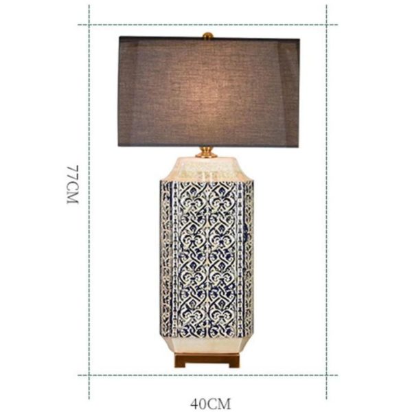 Đèn Bàn Gốm Hoa Văn Xanh Đậm Cổ Điển Đế Đồng Vàng, Chụp Vải Vuông Đen Decor Phòng Ngủ, Khách Sạn