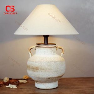Đèn Bàn Gốm Thủ Công Chụp Vải Lanh Phong Cách Wabi Sabi Tối Giản Cho Phòng Ngủ, Phòng Trà Thiền