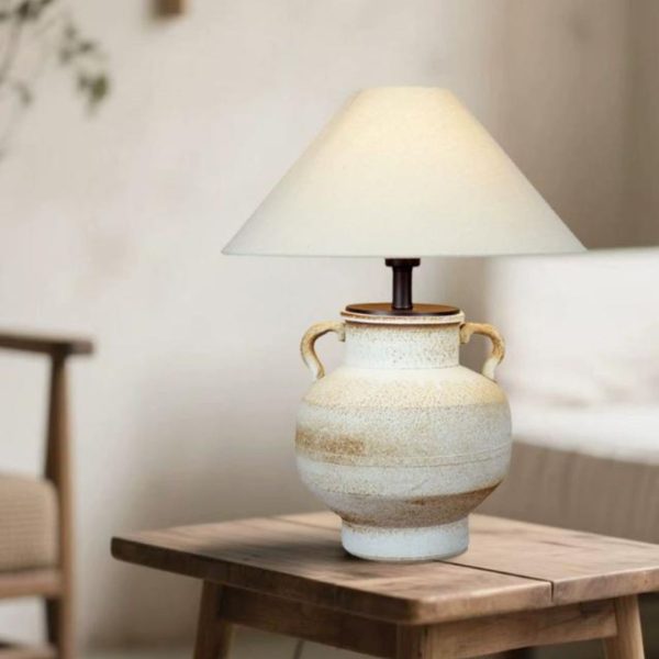Đèn Bàn Gốm Thủ Công Chụp Vải Lanh Phong Cách Wabi Sabi Tối Giản Cho Phòng Ngủ, Phòng Trà Thiền