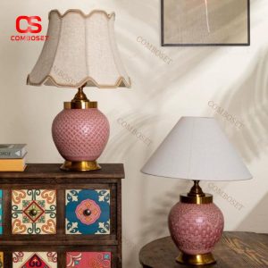 Đèn Bàn Gốm Tông Hồng Hoạ Tiết Bông Hoa Tinh Xảo, Đế Đồng Cao Cấp Decor Nội Thất Tân Thời