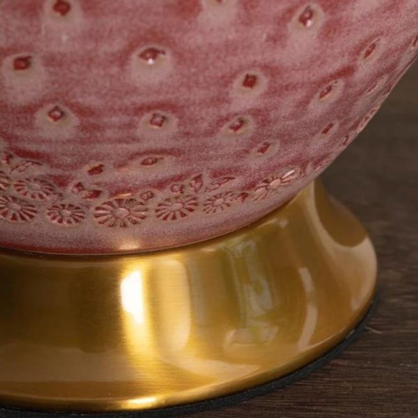 Đèn Bàn Gốm Tông Hồng Hoạ Tiết Bông Hoa Tinh Xảo, Đế Đồng Cao Cấp Decor Nội Thất Tân Thời