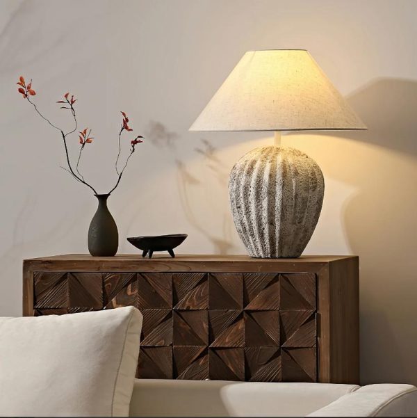 Đèn Bàn Gốm Xi Măng Thô Vân Sọc Tối Giản Vẻ Đẹp Rustic Gần Gũi, Tự Nhiên Decor Phòng Khách, Phòng Ngủ, Quán Cafe