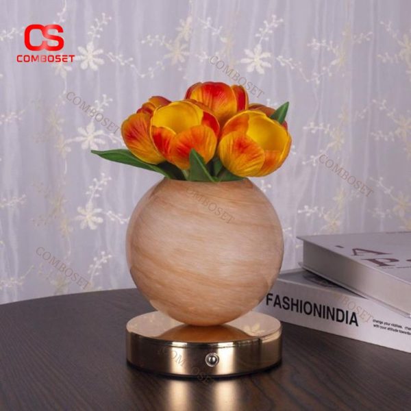 Đèn Bàn Hành Tinh Hoa Tulip 3 Chế Độ Sáng, Công Tắc Cảm Ứng, Cổng Sạc USB Hiện Đại